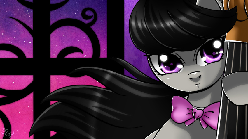 bow_(stringed_instrument) bow_tie cello equine female feral friendship_is_magic fur grey_fur hair horse long_hair mammal musical_instrument my_little_pony octavia_(mlp) pony princesssilverglow purple_eyes sky solo stars window