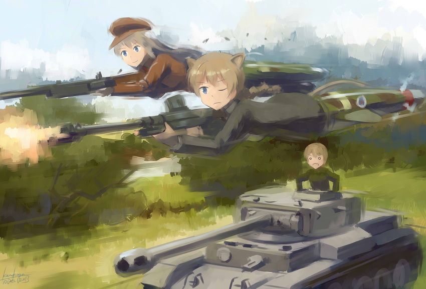 aiming animal_ears boys_anti_tank_rifle browning_m2 cat_ears comet_(tank) crossover dated firing flying ground_vehicle highres kanokoga l85a1_(upotte!!) lynette_bishop md5_mismatch military military_vehicle motor_vehicle multiple_girls strike_witches striker_unit tank upotte!! wilma_bishop world_witches_series