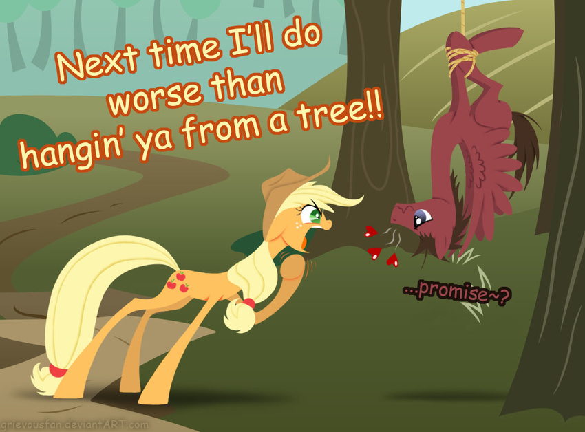 ? applejack_(mlp) blonde_hair brown_hair cowboy_hat cutie_mark duo english_text equine female feral freckles friendship_is_magic fur green_eyes grievousfan hair hat horse long_hair male mammal my_little_pony open_mouth orange_fur original_character pegasus pony red_fur rope smile text tongue upside_down wings