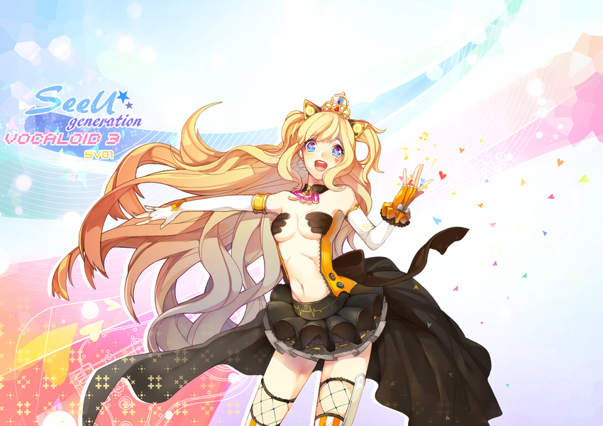 adapted_costume bare_shoulders black_skirt blonde_hair blue_eyes breasts center_opening character_name collarbone cowboy_shot crown elbow_gloves fishnet_legwear fishnets gloves highres iso1206 long_hair looking_at_viewer medium_breasts midriff navel pleated_skirt seeu skirt solo standing stomach striped striped_legwear thighhighs underboob very_long_hair vocaloid