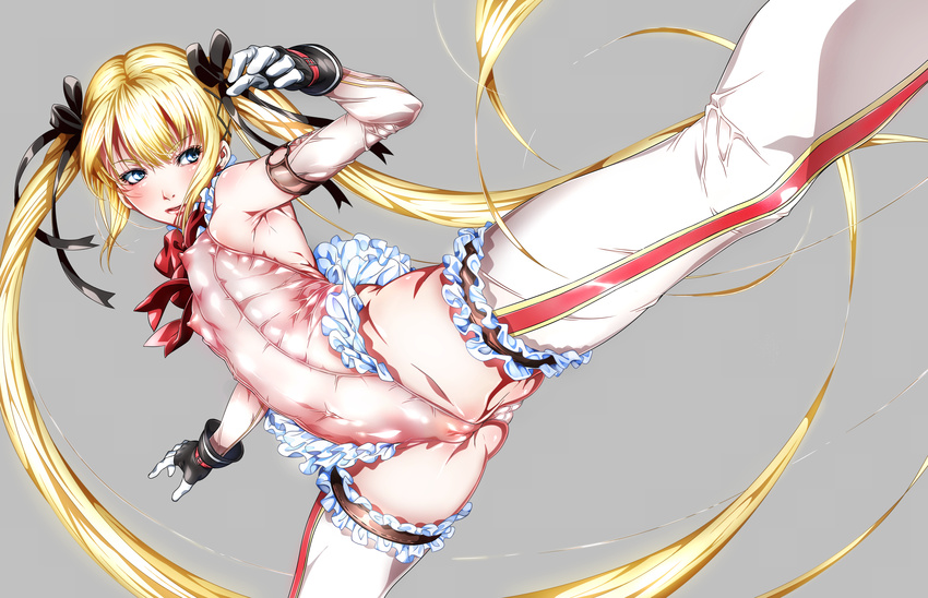 absurdres armpits bangs blonde_hair blue_eyes blue_legwear blush body_blush breasts buckle cameltoe covered_nipples crotch dead_or_alive dead_or_alive_5 elbow_gloves floating_hair foreshortening frilled_legwear frilled_leotard frills gloves grey_background groin groin_tendon hair_ribbon highleg highleg_leotard highres kicking leotard long_hair low_twintails marie_rose niko_(tama) nipples open_mouth outstretched_arms pink_leotard pussy ribbon see-through shiny shiny_clothes simple_background single_vertical_stripe skin_tight small_breasts solo spread_arms spread_legs thighhighs twintails very_long_hair