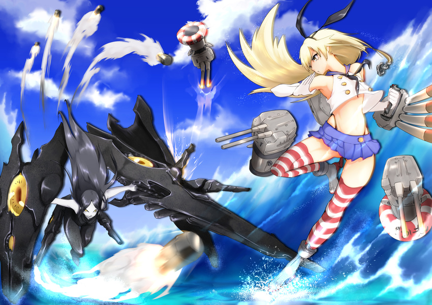 &gt;:) afloat anchor_hair_ornament ankle_boots ass_visible_through_thighs battle big.g black_hair blonde_hair blue_sky boots brown_eyes chasing day elbow_gloves firing gloves grey_footwear hair_ornament kantai_collection long_hair machinery midriff missile multiple_girls ocean pleated_skirt rensouhou-chan ru-class_battleship running school_uniform serafuku shimakaze_(kantai_collection) shinkaisei-kan skirt sky smile striped striped_legwear thighhighs turret v-shaped_eyebrows white_skin