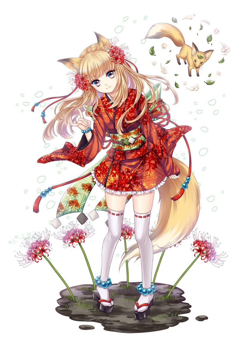 animal_ears anklet black_eyes blonde_hair bracelet flower fox fox_ears fox_shadow_puppet fox_tail highres japanese_clothes jewelry kimono leaf leaf_on_head lolita_fashion long_hair obi original pigeon-toed ribbon-trimmed_legwear ribbon_trim sandals sash short_kimono solo spider_lily tail thighhighs wa_lolita yuki_hanana zettai_ryouiki