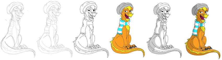 claws fur hat invalid_color male reptile scalie scarf sitting smile teeth tuft veggie55