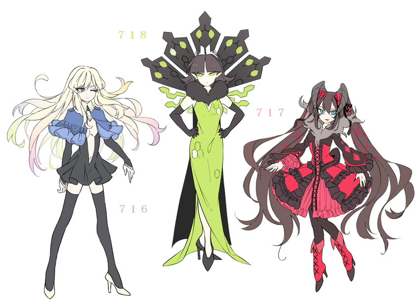 bad_id bad_pixiv_id black_hair black_legwear blonde_hair blue_eyes boots capelet center_opening cross-laced_footwear crown dress elbow_gloves frills gen_6_pokemon gloves gradient_hair green_eyes hands_on_hips high_heels horns legendary_pokemon long_hair miy multicolored_hair multiple_girls one_eye_closed pantyhose personification pokemon short_hair thighhighs twintails xerneas yveltal zygarde