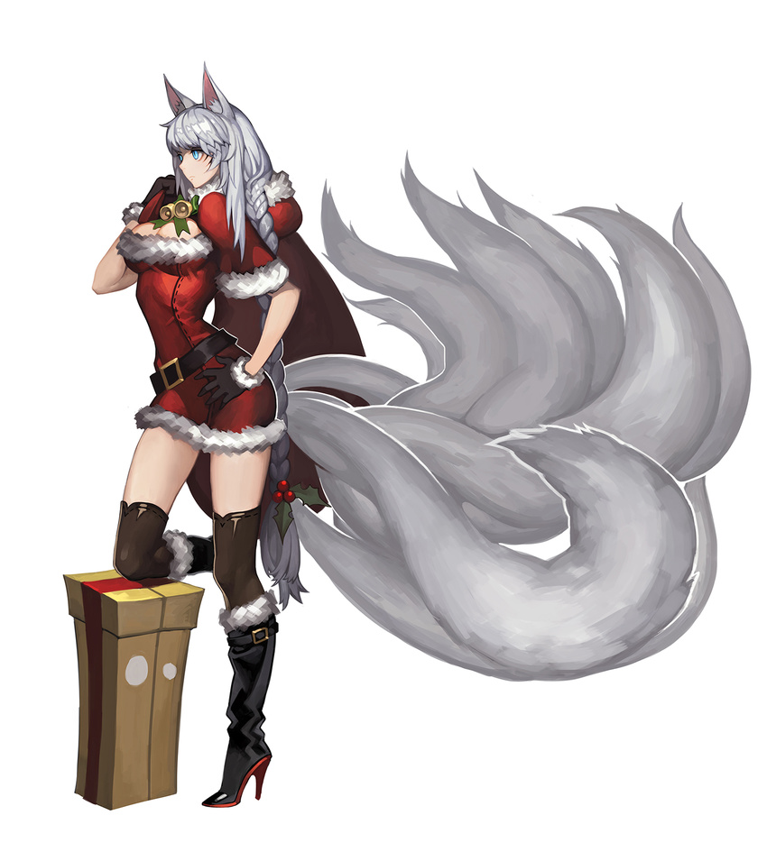 ahri alternate_color alternate_costume animal_ears blue_eyes boots box braid breasts capelet cleavage cleavage_cutout fox_ears fox_tail gift gift_box gloves hand_on_hip high_heels highres large_breasts league_of_legends leg_up long_hair multiple_tails on_box sack santa_costume silver_hair single_braid slit_pupils solo stiletto_heels tail thighhighs tyutii