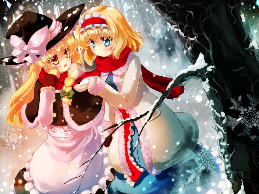 alice_margatroid apron blonde_hair blush capelet forest gengetsu_chihiro hairband hat highres jacket kirisame_marisa long_sleeves mittens multiple_girls nature scarf shared_scarf skirt snow snowing touhou vest witch_hat