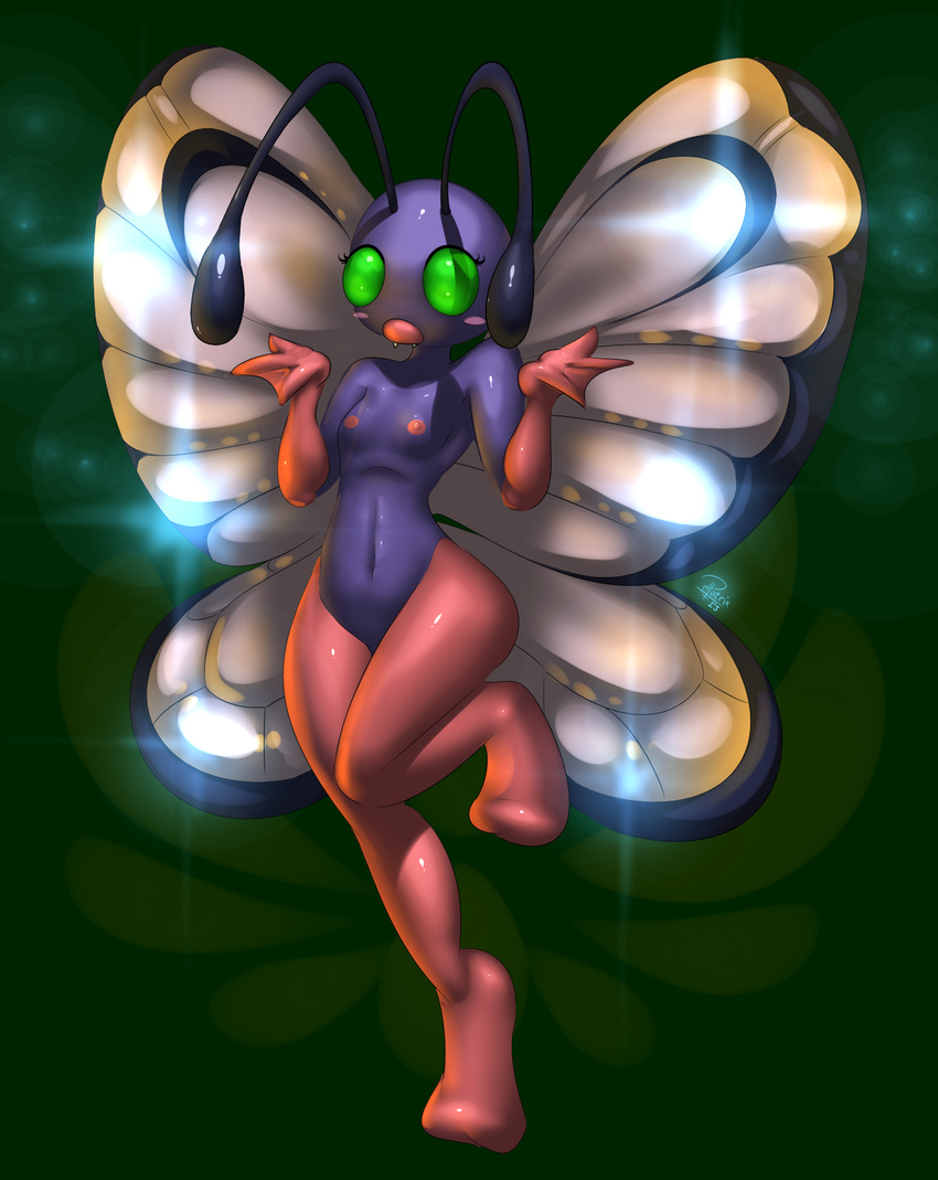 ambiguous_gender antennae anthro anthrofied anthromorphic areola arthropod blush breasts butterfree elpatrixf fangs girly green_eyes hi_res insect navel nintendo nipples nude pok&#233;mon pok&eacute;mon shiny shiny_pok&#233;mon shrug shy small_breasts solo video_games wings