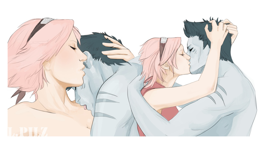 1girl blue_hair blue_skin forehead_protector gloves hairband haruno_sakura hetero highres hoshigaki_kisame kiss lpilz naruto_(series) naruto_shippuuden neck_kiss pink_hair shirtless short_hair watermark