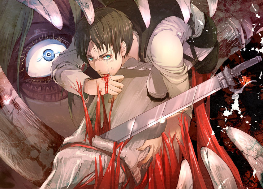 blood blue_eyes bone brown_hair eren_yeager exposed_muscle female_titan green_eyes kadowaki_subaru shingeki_no_kyojin sword tears titan_(shingeki_no_kyojin) weapon