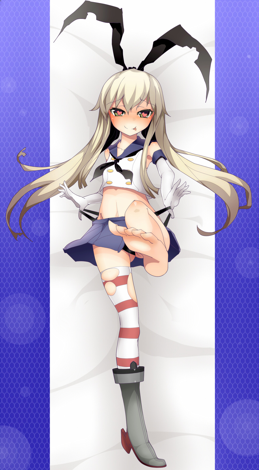 :p bad_id bad_pixiv_id barefoot black_panties crop_top crop_top_overhang feet full_body gloves hairband heart heart-shaped_pupils highres kantai_collection leg_up long_hair midriff ootsuki_momiji panties panty_lift pov_feet shimakaze_(kantai_collection) skirt soles solo standing standing_on_one_leg striped striped_legwear symbol-shaped_pupils thighhighs tongue tongue_out underwear white_gloves