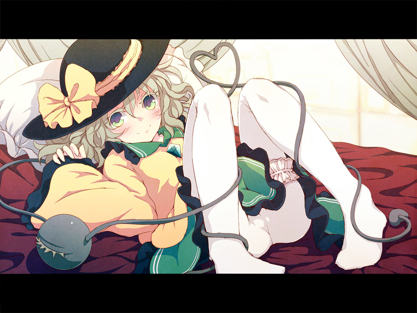 bed blush bow canopy_bed dise green_eyes hat hat_bow heart heart_of_string komeiji_koishi leg_garter long_sleeves looking_at_viewer lying on_back on_bed pantyhose pillow shirt silver_hair skirt smile solo spread_legs third_eye touhou white_legwear wide_sleeves