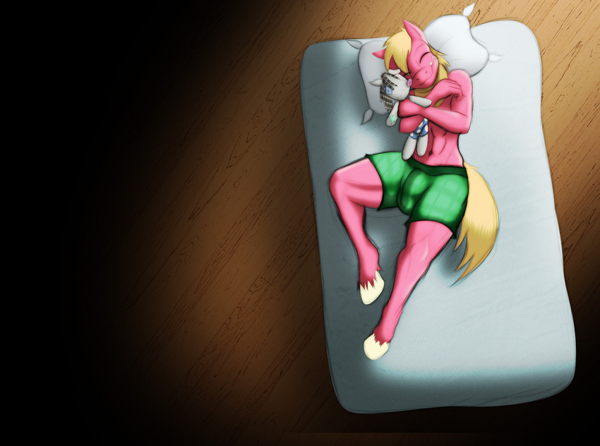abs anthro anthrofied bed big_macintosh_(mlp) blonde_hair boxers bulge doll equine eyes_closed freckles friendship_is_magic hair hooves horse hug jrvanesbroek lying male mammal muscles my_little_pony navel pillow plushie pony smartypants_(mlp) solo underwear