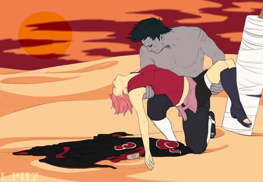 1girl akatsuki_(naruto) blue_hair blue_skin closed_eyes desert forehead_protector full_body haruno_sakura highres hoshigaki_kisame lpilz naruto_(series) naruto_shippuuden pectorals pink_hair sand short_hair watermark