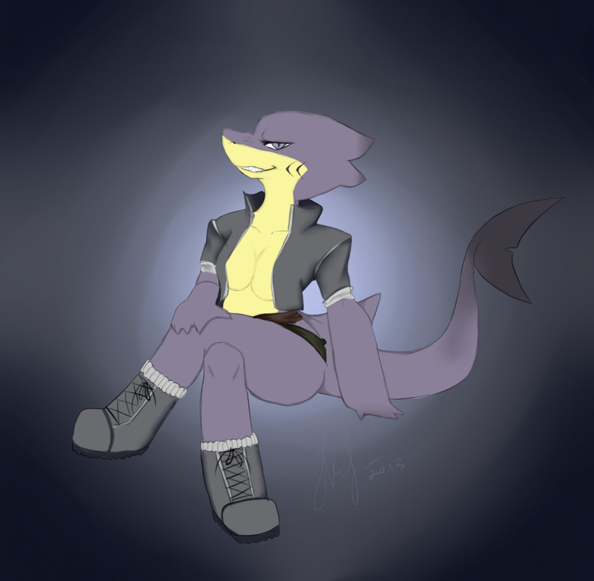 boots bottomless chibi chocoeva cleavage clothed clothing female fin fish gills grey_skin jacket looking_at_viewer marine nyjasca shark solo teeth wide_hips