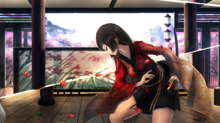 architecture bad_id bad_pixiv_id black_hair east_asian_architecture flower japanese_clothes katana kikivi lantern long_hair original petals ready_to_draw red_eyes room_divider skirt solo sword weapon