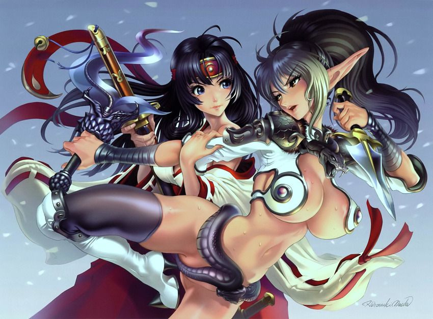 2girls absurdres animal arm_warmers artist_name bare_shoulders black_hair blue_eyes boots bottomless breasts brown_eyes cleavage echidna fighting green_hair headband highres hobby_japan japanese_clothes katana large_breasts leg_up legs long_hair looking_at_another lost_worlds maeda_hiroyuki miko multiple_girls navel official_art open_mouth petals pointy_ears ponytail queen's_blade queen's_blade skindentation sweat sword thighhighs tomoe wallpaper weapon
