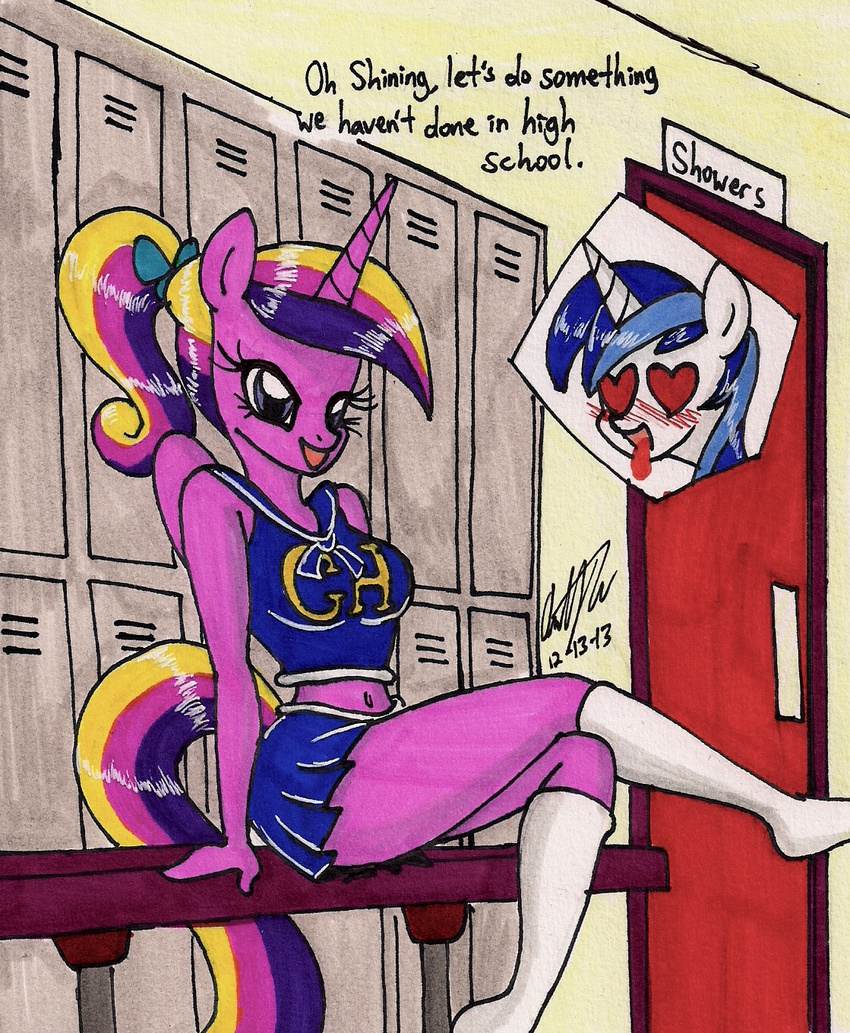 &lt;3 anthro anthrofied bench blue_hair blush cheerleader dialog door duo english_text equine female friendship_is_magic hair hands horn horse locker locker_room lockers male mammal miniskirt multi-colored_hair my_little_pony newyorkx3 pony ponytail princess_cadance_(mlp) purple_eyes shining_armor_(mlp) sitting skirt socks solo_focus text tongue tongue_out unicorn