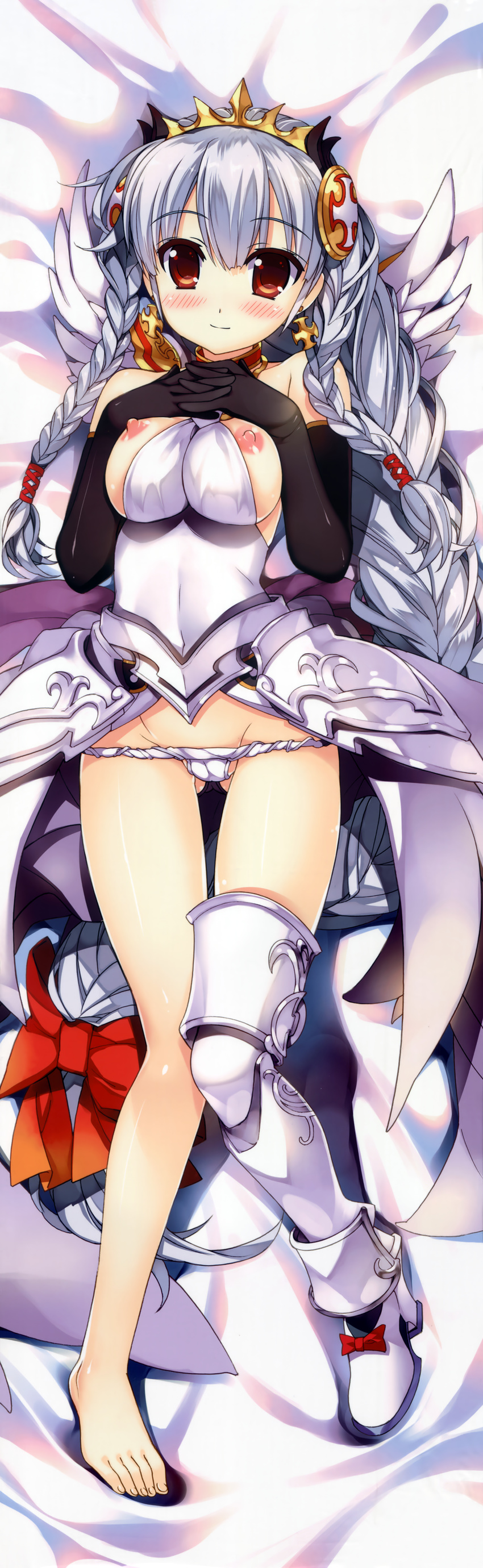 absurdres armor bare_shoulders barefoot black_gloves blush bow braid breasts breasts_outside brown_eyes cross cross_earrings crown dakimakura earrings elbow_gloves feet fujima_takuya gloves greaves highres huge_filesize interlocked_fingers jewelry large_breasts legs light_smile light_valkyrie_(p&amp;d) long_hair long_toes nipples panties panty_pull puzzle_&amp;_dragons scan shoes silver_hair single_shoe single_thighhigh solo thighhighs tri_braids underwear valkyrie_(p&amp;d) very_long_hair white_panties white_wings wings