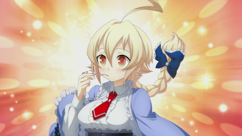 ahoge backlighting bangs blazblue blonde_hair blush bow braid breasts brooch collared_shirt es_(xblaze) flipped_hair floating_hair frills from_side game_cg glowing gradient gradient_background gradient_eyes hair_between_eyes hair_bow higuchi_konomi holding huge_ahoge jewelry lace large_breasts long_hair long_sleeves looking_at_viewer multicolored multicolored_eyes necktie open_clothes red_eyes shirt single_braid sparkle spoon underbust upper_body xblaze xblaze_code:_embryo yellow_eyes