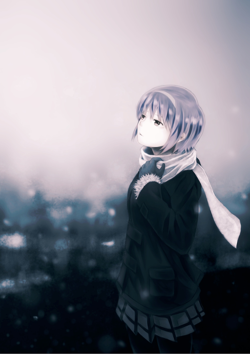 black_eyes coat gloves hairband highres little_busters! monochrome mstm nishizono_mio pantyhose scarf short_hair skirt snow solo winter_clothes