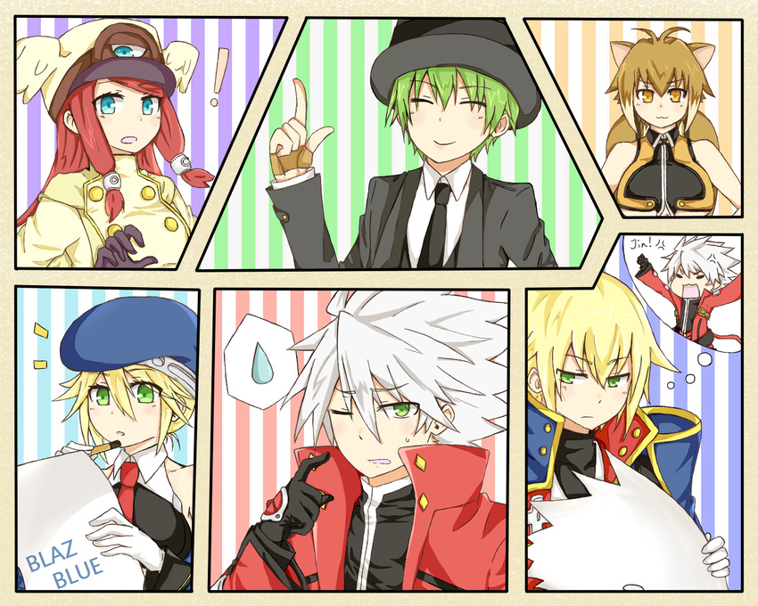 3girls animal_ears blazblue blonde_hair blue_eyes doll green_eyes green_hair hazama jin_kisaragi makoto_nanaya multiple_boys multiple_girls noel_vermillion ragna_the_bloodedge red_hair silver_hair squirrel_ears squirrel_tail sweat tail tsubaki_yayoi