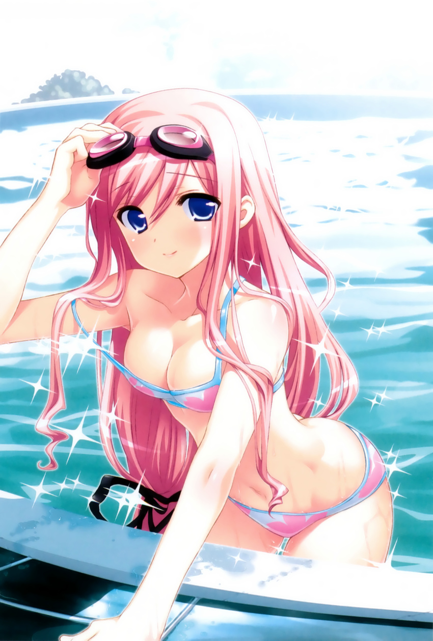absurdres arm_support bikini blue_eyes breasts cleavage collarbone floral_print goggles goggles_on_head highres kasukabe_akira leaning_forward long_hair medium_breasts navel pink_hair poolside print_bikini sakura_nanako sakura_sakura scan smile solo sparkle strap_slip swimsuit wading wet
