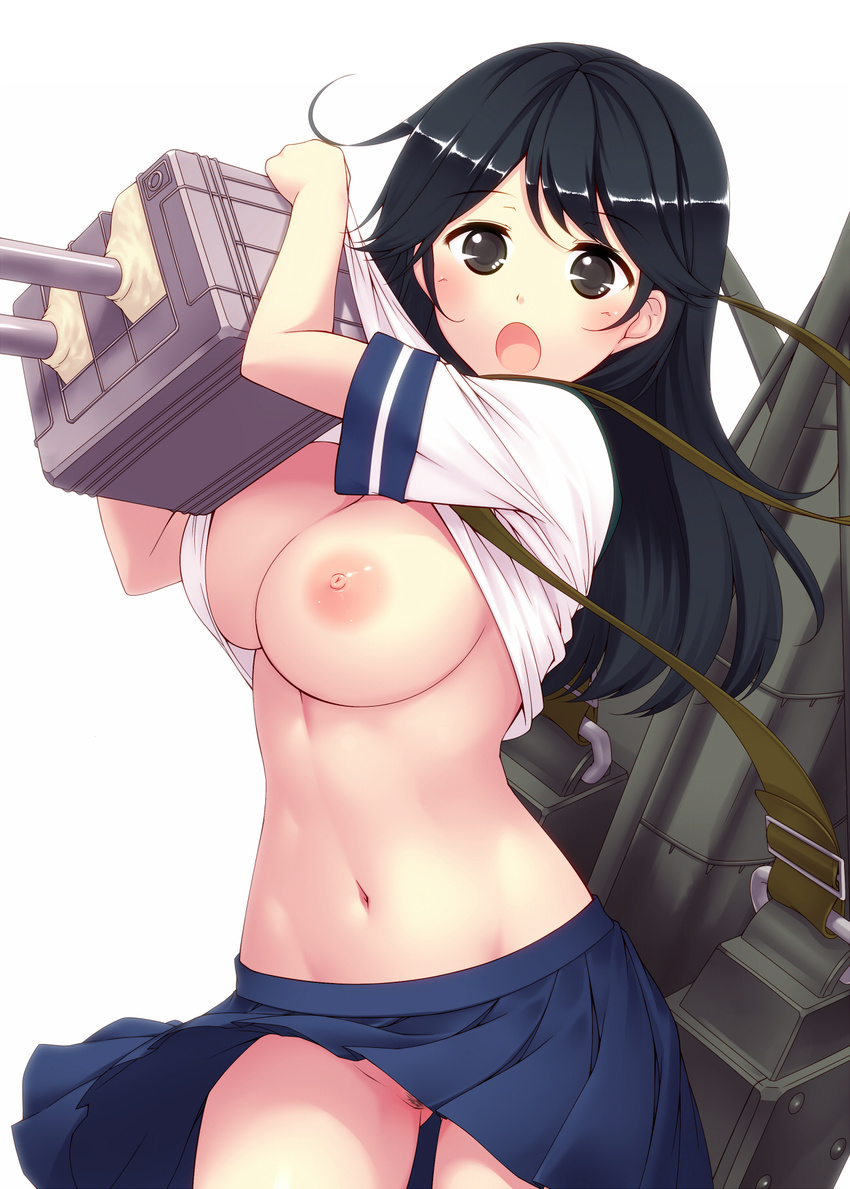 :o black_eyes black_hair blush breasts groin highres holding kantai_collection large_breasts long_hair navel nipples no_panties open_mouth pubic_hair school_uniform serafuku shirt_lift simple_background skirt solo tro upskirt ushio_(kantai_collection) white_background