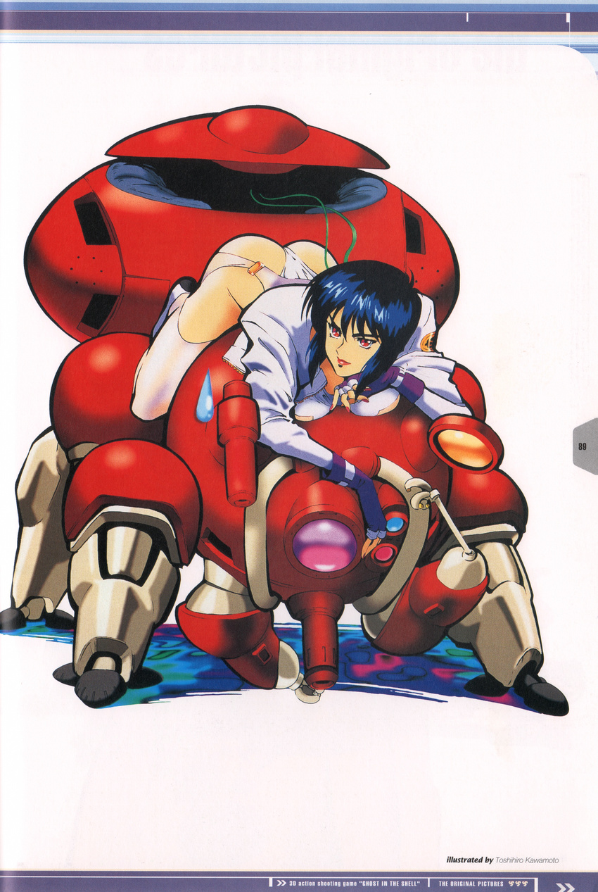 absurdres artbook ass blue_hair cyborg fingerless_gloves fuchikoma ghost_in_the_shell gloves highres kawamoto_toshihiro kusanagi_motoko lips looking_at_viewer red_eyes short_hair smile solo sweatdrop