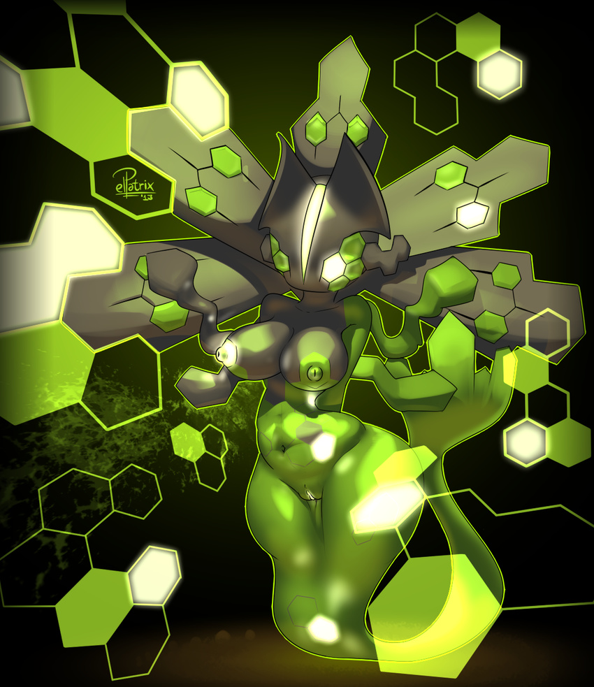 anthro anthrofied bioluminescence black_background breasts dragon elpatrixf female glowing green_background green_skin grey_skin hi_res legendary_pok&#233;mon legendary_pokemon navel nintendo nipples nude plain_background pok&#233;mon pok&eacute;mon pussy solo video_games wide_hips zygarde