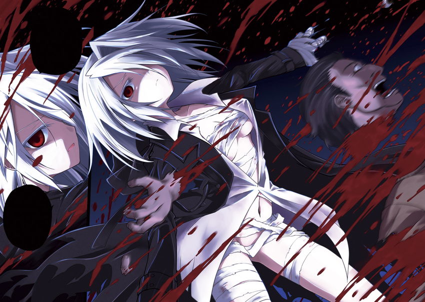 1girl albino bandages blood breasts colored_eyelashes danzai_no_judith decapitation dress_shirt guro hair_over_one_eye long_hair looking_at_viewer medium_breasts open_mouth original red_eyes severed_head shirt silver_hair solo_focus trench_coat ugatsu_matsuki