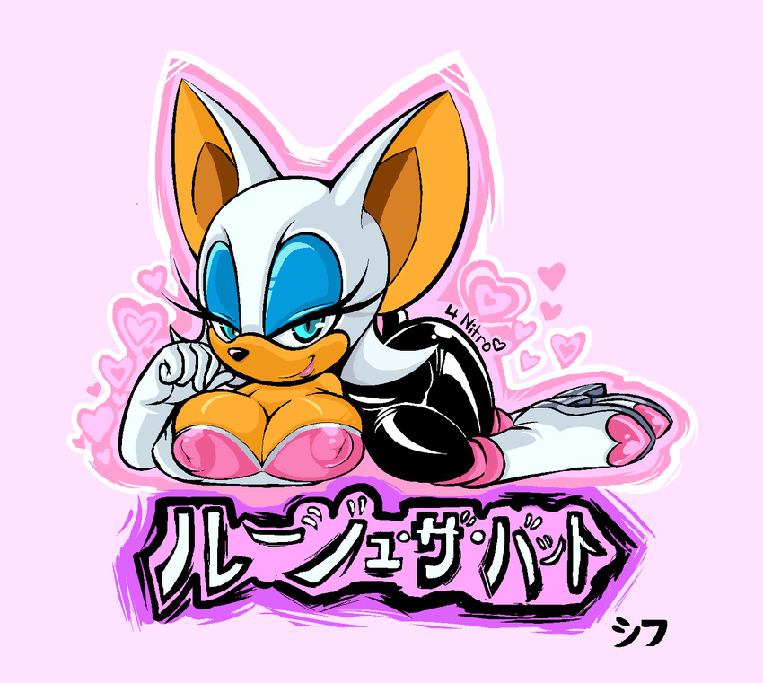 &lt;3 bat big_breasts blue_eyes boots breasts butt cleavage clothed clothing english_text eye_lashes female gloves high_heels inverted_nipples japanese_text looking_at_viewer mammal nipples rouge_the_bat sega sif skimpy smile sonic_(series) text tight_clothing translated translation_request