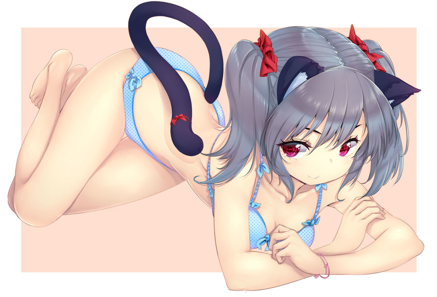 animal_ears barefoot bikini blue_hair bow catgirl fang original red_eyes swimsuit tail twintails zizi_(zz22)