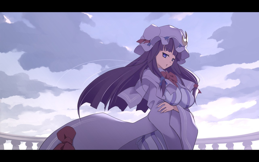 breasts crescent hat large_breasts long_hair long_sleeves looking_at_viewer patchouli_knowledge purple_eyes purple_hair shishamo@ solo touhou
