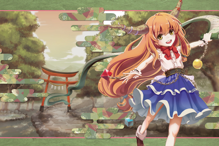 ankle_boots bad_id bad_pixiv_id belt boots bow chain cube egasumi horn_ribbon horns ibuki_suika letterboxed long_hair looking_at_viewer low-tied_long_hair open_hand open_mouth orange_hair outdoors outstretched_arms path plazmrabbit pyramid_(geometry) ribbon road rope scroll shide shimenawa shirt skirt sleeveless sleeveless_shirt solo sphere spread_arms torii touhou tree twilight very_long_hair wrist_cuffs yellow_eyes