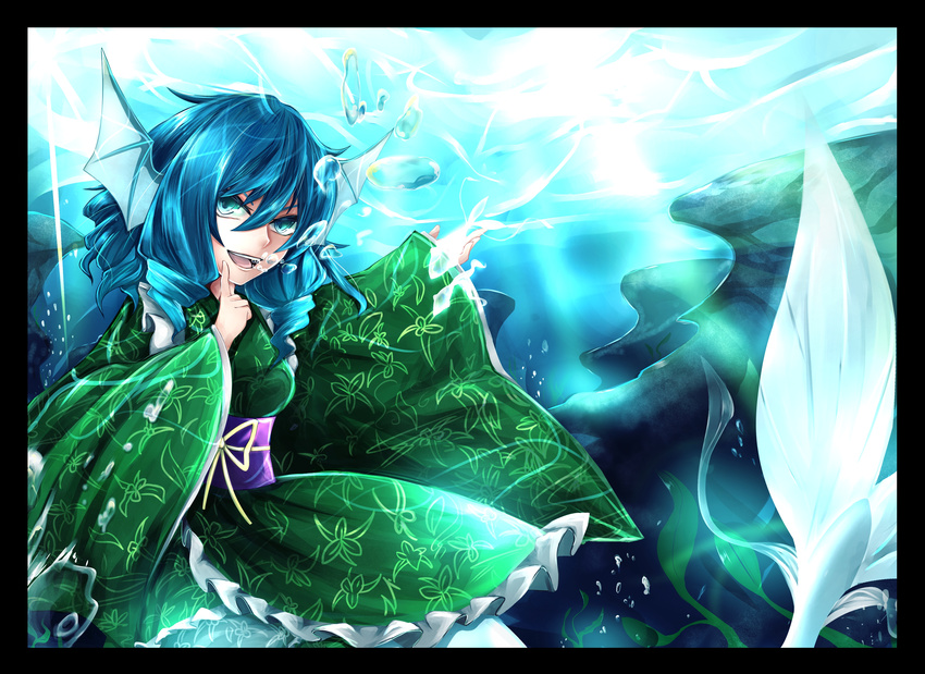 absurdres aqua_eyes blue_hair drill_hair head_fins highres ichinose_rom japanese_clothes kimono mermaid monster_girl obi open_mouth sash smile touhou underwater wakasagihime