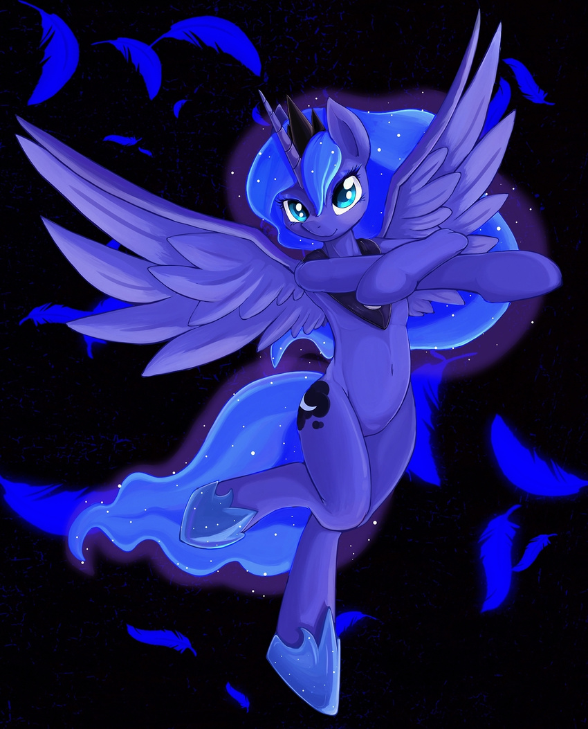 black_background blue_eyes blue_feathers blue_fur blue_hair crown cutie_mark equine female friendship_is_magic fur hair horn horse long_hair looking_at_viewer mammal my_little_pony navel plain_background princess_luna_(mlp) semi-anthro smile solo teal_eyes winged_unicorn wings zokkili