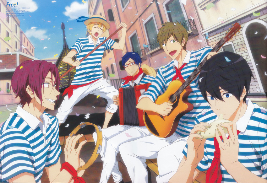 accordion ascot black_hair blonde_hair blue_eyes blue_hair brown_hair free! glasses gondola green_eyes guitar hazuki_nagisa highres instrument male_focus matsuoka_rin multiple_boys music nanase_haruka_(free!) ocarina official_art open_mouth playing_instrument purple_eyes red_eyes red_hair ryuugazaki_rei sharp_teeth shirt smile striped striped_shirt tachibana_makoto tambourine teeth venice yamamura_takuya