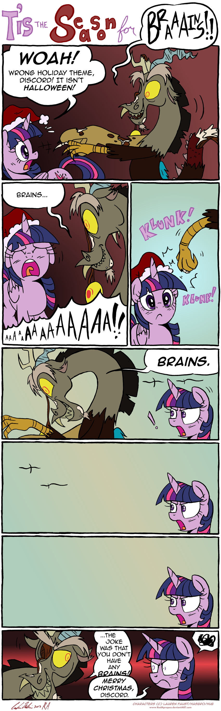 2013 absurd_res annoyed christmas comic cutie_mark dialog discord_(mlp) draconequus english_text equine explaining_the_joke eye_socket fangs female flesh friendship_is_magic hair hat hi_res holidays horn horse male mammal multi-colored_hair my_little_pony obvious_joke pony purple_hair red_eyes redapropos rotting rotting_flesh santa_hat scared sharp_teeth teeth text twilight_sparkle_(mlp) undead winged_unicorn wings zombie