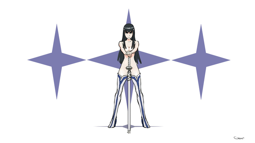 1girl black_hair blue_eyes boots breasts censored cleavage convenient_censoring darren_geers full_body hair_ornament hairclip katana kill_la_kill kiryuuin_satsuki long_hair nude sheath sheathed solo standing sword thigh_boots thighhighs weapon