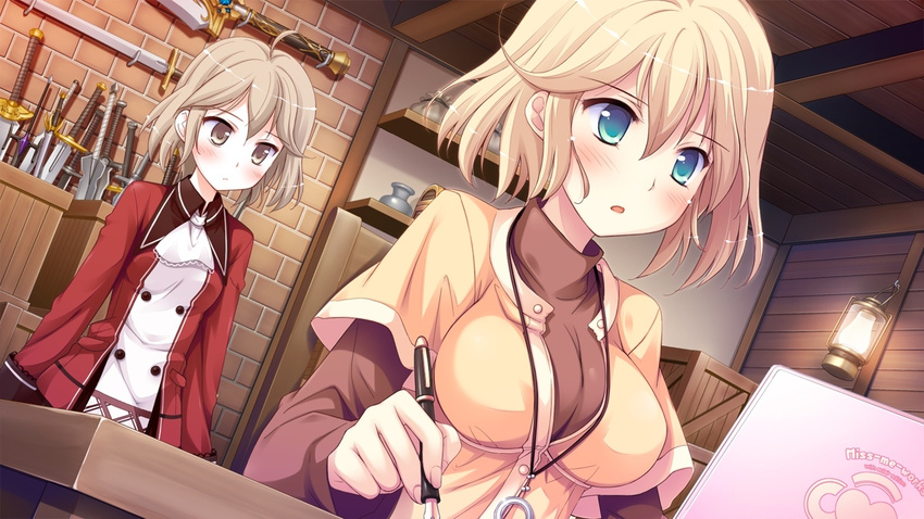 2girls blonde_hair blue_eyes blush brown_eyes brown_hair game_cg jewelry ko~cha multiple_girls necklace pen saimon_eclair saimon_misumi short_hair sword weapon witch's_garden witch's_garden