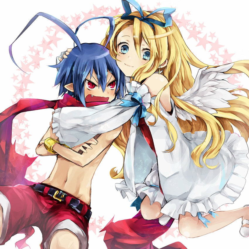 1girl angel_wings antenna_hair bare_shoulders blonde_hair blue_eyes blush detached_sleeves disgaea earrings fang flonne hug hug_from_behind jewelry kooma laharl long_hair navel open_mouth pointy_ears red_eyes red_shorts ribbon scarf shorts smile star white_bloomers wings