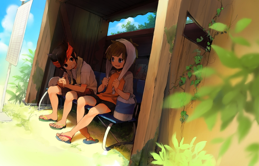 2boys barefoot bench blue_eyes brown_eyes brown_hair endou_mamoru feet flip-flops headband inazuma_eleven inazuma_eleven_(series) male male_focus multiple_boys sandals shiogochi short_hair shorts smile tachimukai_yuuki toes towel