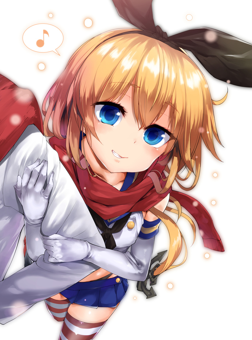 1girl admiral_(kantai_collection) anchor blonde_hair blue_eyes blush elbow_gloves gloves hairband happy highres kantai_collection karochii locked_arms long_hair looking_at_viewer note scarf school_uniform shimakaze_(kantai_collection) skirt snow striped striped_legwear thighhighs white_gloves winter