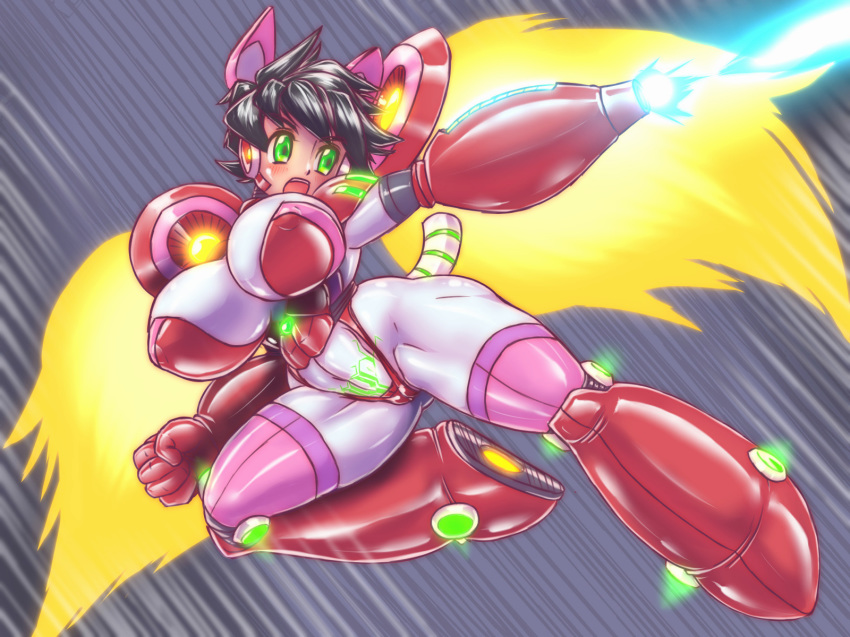 1girl android arm_cannon bangs black_hair blush bodysuit breasts cameltoe clenched_hand covered_navel doorknocker flying genderswap green_eyes highres hips huge_breasts mecha_musume open_mouth rockman rockman_(character) rockman_(classic) short_hair skin_tight solo speed_lines thick_thighs thighs weapon