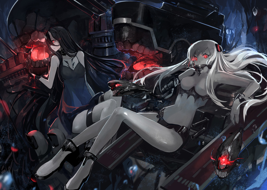 airfield_hime battleship_hime black_dress black_hair bodysuit boots demon_girl dress gloves glowing glowing_eyes ha-class_destroyer hair_ornament hairclip highres horns i-class_destroyer kantai_collection legs long_hair looking_at_viewer multiple_girls oni_horns pale_skin reclining red_eyes runway saberiii shinkaisei-kan short_dress silver_hair sitting sitting_on_hand tattoo underwater very_long_hair