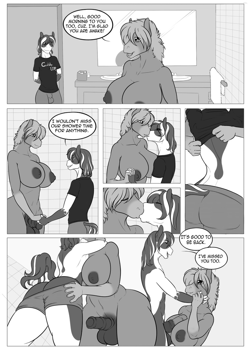 anise anthro areola balls bathroom big_breasts breasts bulge butt clothing comic dickgirl equine flaccid freckles_(artist) freckles_(character) girly half-erect horse horsecock intersex kissing male male_on_dickgirl mammal nipples pants penis sheath shirt size_difference thick_thighs underwear undressing voluptuous wide_hips