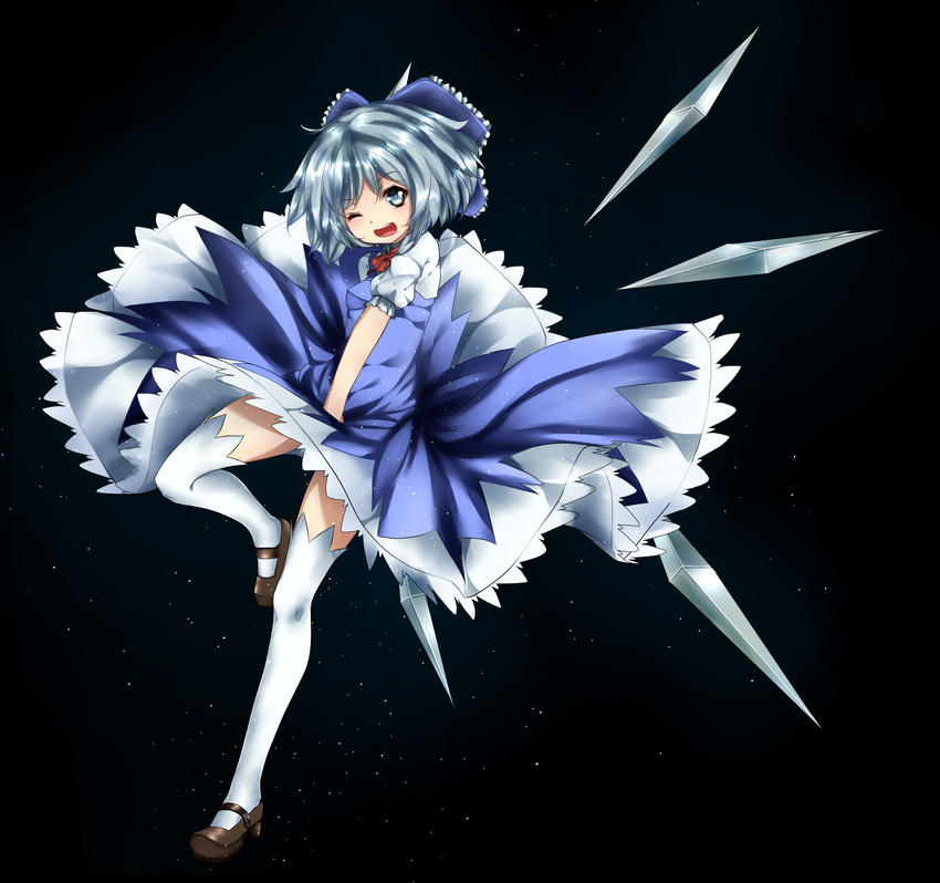 absurdres black_background blue_eyes blue_hair bow cirno dress dress_shirt hair_bow highres ice ice_wings mary_janes minoku_(hiromitvxq) open_mouth ribbon shirt shoes short_hair smile solo thighhighs touhou white_legwear wings