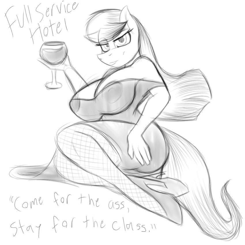 alcohol anthro anthrofied bedroom_eyes beverage big_breasts black_and_white breasts clothing dialog dress english_text equine female fishnet friendship_is_magic glass hair high_heels horse jrvanesbroek legwear looking_at_viewer mammal monochrome my_little_pony nipples octavia_(mlp) plain_background pony shoes sitting solo stockings text white_background wine wine_glass