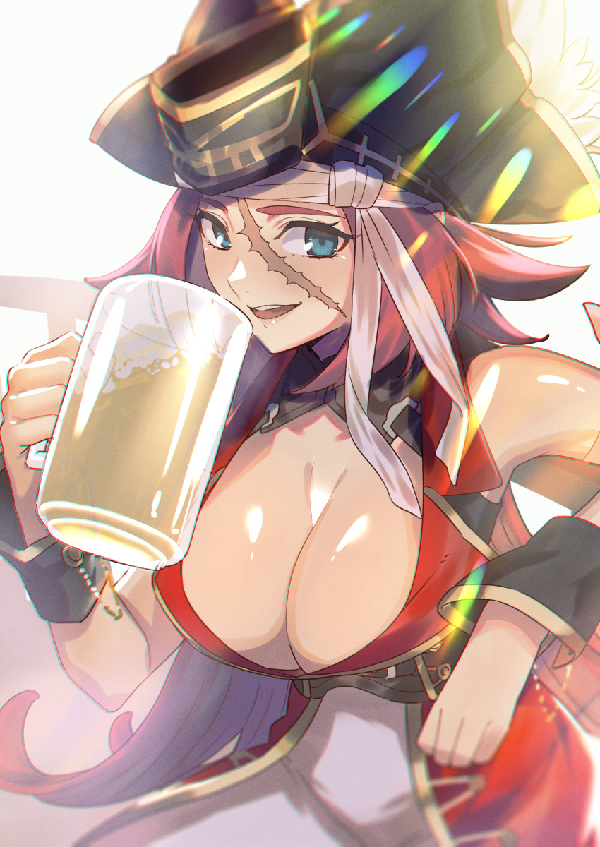 1girl absurdres alcohol blue_eyes boots breasts cleavage cup facial_scar fate/grand_order fate_(series) francis_drake_(fate) hat headband highres holding holding_cup kujuu_shikuro large_breasts long_hair looking_at_viewer open_mouth pants pink_hair pirate_hat red_shirt scar shirt sleeveless sleeveless_shirt smile solo very_long_hair white_pants wrist_cuffs